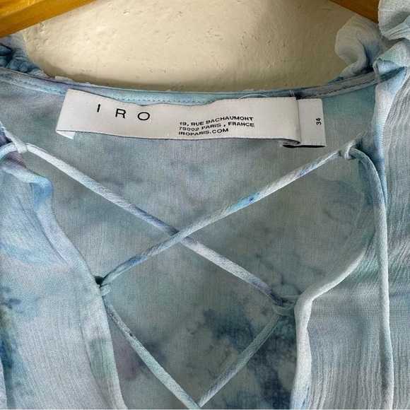 IRO Cruis Light Blue Chiffon Ruffle Blouse Lace-Up Sheer — Size US 2 / FR 34 - Picture 7 of 14